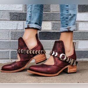 Freebird by Steven Burgundy Leather Cutout Ankle Booties with Metal Strap